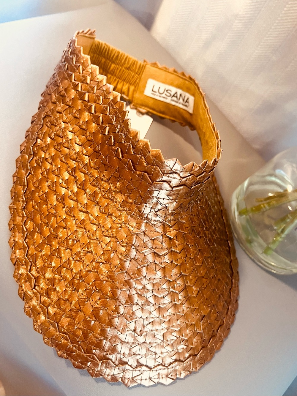 Anthropologie Metallic Tan Woven Visor